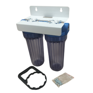 10" Kahden suodattimen runkoyhdistelmä seinätelineellä - 1/2" messinki sisäkierteet